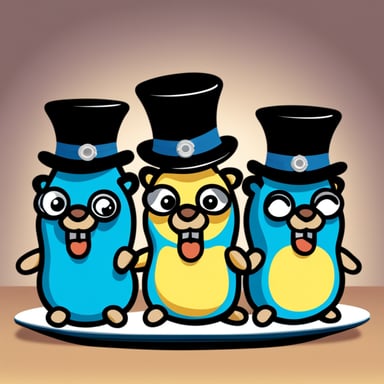 Three Go Blue Gophers popping out of a top hat.