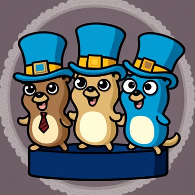 Three Go Blue Gophers popping out of a top hat.