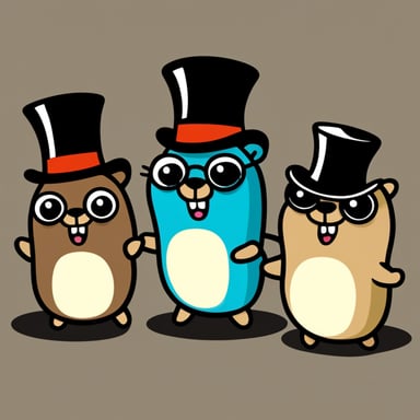 Three Go Blue Gophers popping out of a top hat like rabbits do in a magician's act.