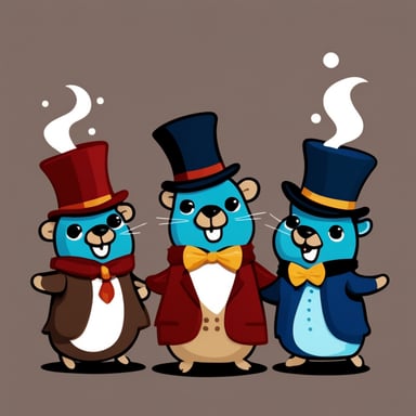 Three Go Blue Gophers popping out of a top hat like rabbits do in a magician's act.
