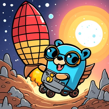 Happy nerdy Go Blue Gopher riding on a rocket.