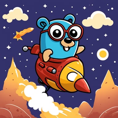 Happy nerdy Go Blue Gopher riding on a rocket.