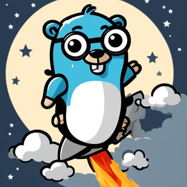 Happy nerdy Go Blue Gopher riding on a rocket.