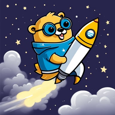 Happy nerdy Go Blue Gopher riding on a rocket.