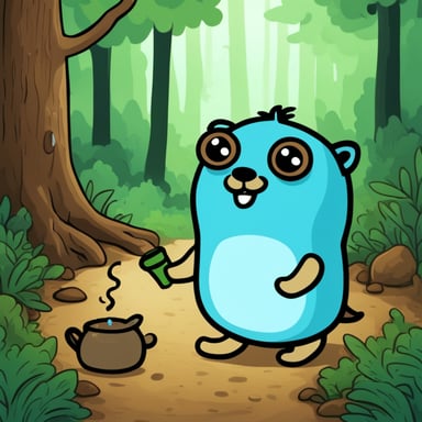 Happy Go Blue Gopher in the forest drinking tea