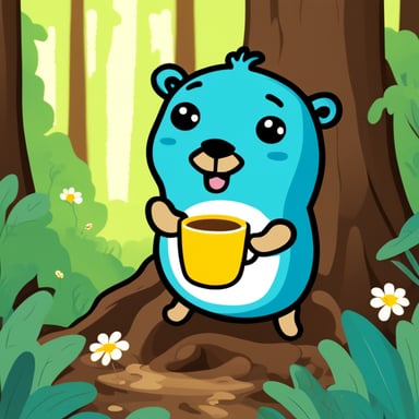 Happy Go Blue Gopher in the forest drinking tea