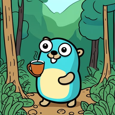Happy Go Blue Gopher in the forest drinking tea