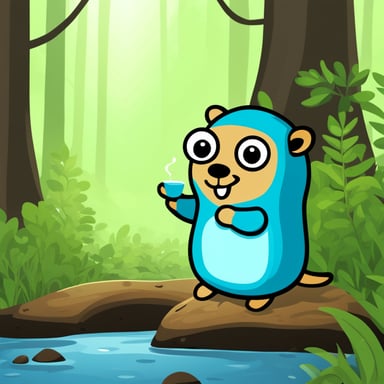 Happy Go Blue Gopher in the forest drinking tea
