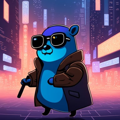 A go blue gopher exploring a digital world, reminiscent of a cyberpunk cityscape.
