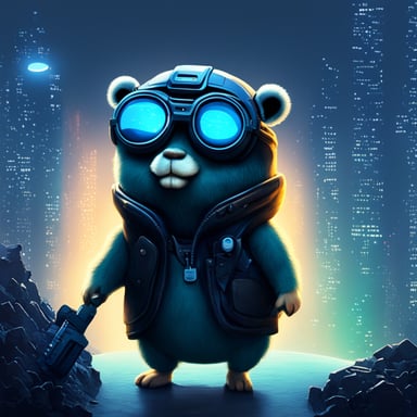 A go blue gopher exploring a digital world, reminiscent of a cyberpunk cityscape.