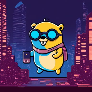 A go blue gopher exploring a digital world, reminiscent of a cyberpunk cityscape.