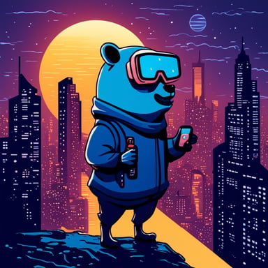 A go blue gopher exploring a digital world, reminiscent of a cyberpunk cityscape.