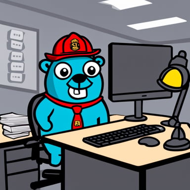 Go Blue Gopher, dressed in firemen apparel, is in an office, in front of his computer.