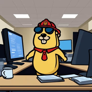Go Blue Gopher, dressed in firemen apparel, is in an office, in front of his computer.