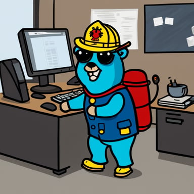 Go Blue Gopher, dressed in firemen apparel, is in an office, in front of his computer.