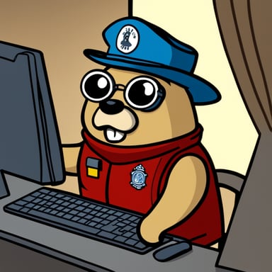 Go Blue Gopher, dressed in firemen apparel, is in an office, in front of his computer.