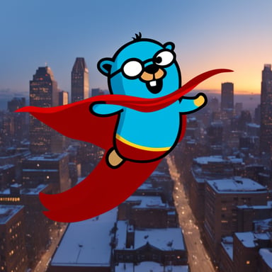 Go blue gopher, the superhero, was flying around the city.