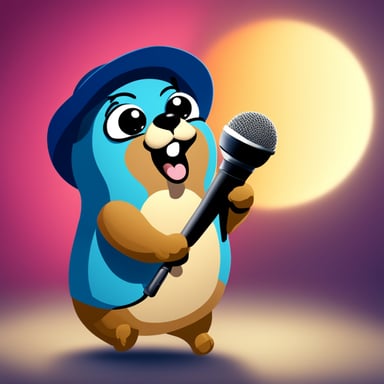 A go blue gopher grips a karaoke microphone, belting out tunes with dramatic flair and passion.