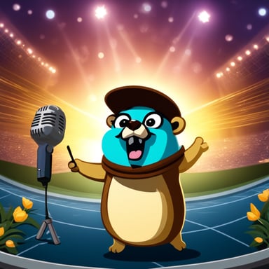A go blue gopher grips a karaoke microphone, belting out tunes with dramatic flair and passion.