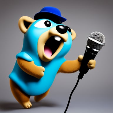A go blue gopher grips a karaoke microphone, belting out tunes with dramatic flair and passion.