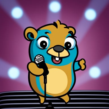 A go blue gopher grips a karaoke microphone, belting out tunes with dramatic flair and passion.