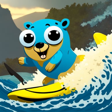 Go blue gopher surfing on the waves, having a great time!