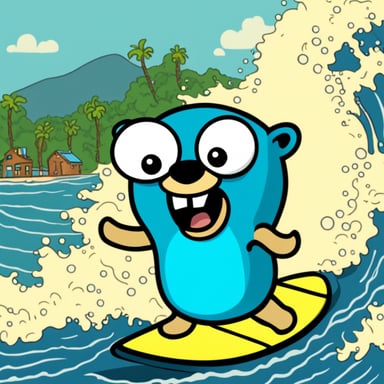 Go blue gopher surfing on the waves, having a great time!