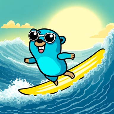 Go blue gopher surfing on the waves, having a great time!