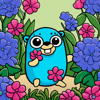 My go blue gopher loves to play among the flowers, its favorite being the bright blue ones that match its vibrant hue. Every day, it hops from blossom to blossom, spreading joy and cheer wherever it goes.
