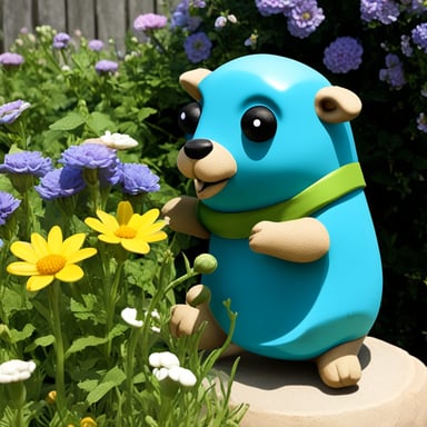 My go blue gopher loves to play among the flowers, its favorite being the bright blue ones that match its vibrant hue. Every day, it hops from blossom to blossom, spreading joy and cheer wherever it goes.
