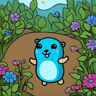 My go blue gopher loves to play among the flowers, its favorite being the bright blue ones that match its vibrant hue. Every day, it hops from blossom to blossom, spreading joy and cheer wherever it goes.