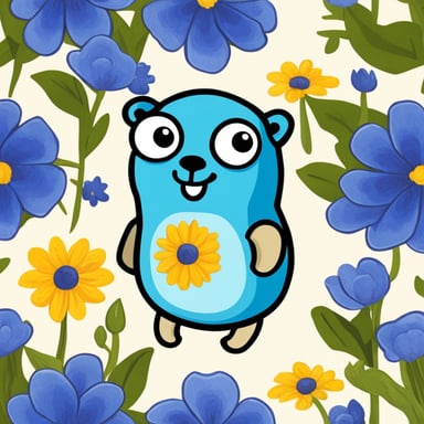 My go blue gopher loves to play among the flowers, its favorite being the bright blue ones that match its vibrant hue. Every day, it hops from blossom to blossom, spreading joy and cheer wherever it goes.