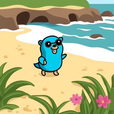 Go Blue Gopher at the beach, enjoying the sun and the sand, digging tunnels and making friends with the seagulls.