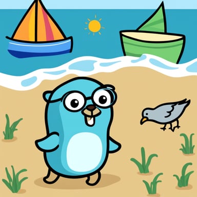 Go Blue Gopher at the beach, enjoying the sun and the sand, digging tunnels and making friends with the seagulls.