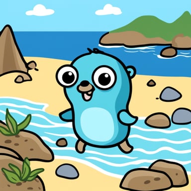 Go Blue Gopher at the beach, enjoying the sun and the sand, digging tunnels and making friends with the seagulls.