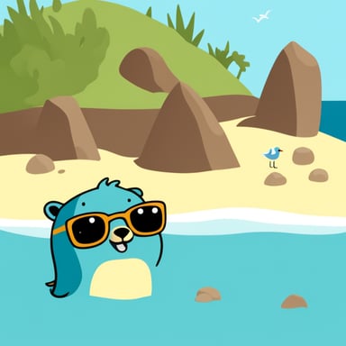 Go Blue Gopher at the beach, enjoying the sun and the sand, digging tunnels and making friends with the seagulls.