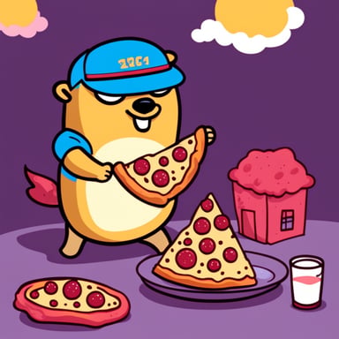 Go Blue Gopher enjoying a slice of pizza.