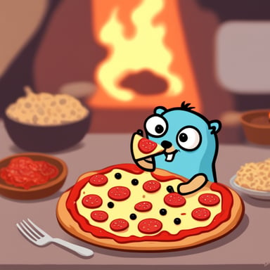 Go Blue Gopher enjoying a slice of pizza.