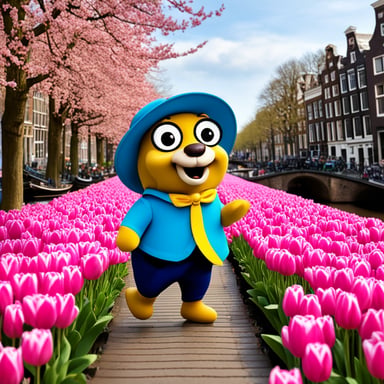 Go Blue Gopher explores Amsterdam, enjoying the beautiful canals and vibrant tulip fields.
