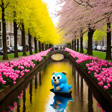 Go Blue Gopher explores Amsterdam, enjoying the beautiful canals and vibrant tulip fields.