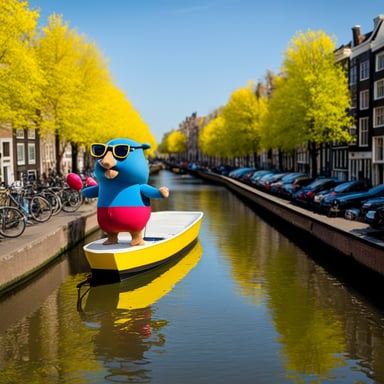 Go Blue Gopher explores Amsterdam, enjoying the beautiful canals and vibrant tulip fields.