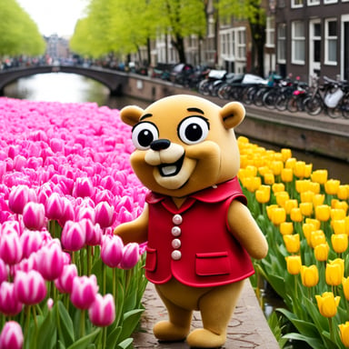 Go Blue Gopher explores Amsterdam, enjoying the beautiful canals and vibrant tulip fields.