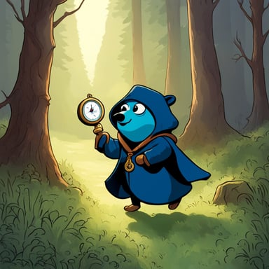 Go blue gopher, enveloped in mystery and cloaked, holds a compass, embarking on a secret quest.