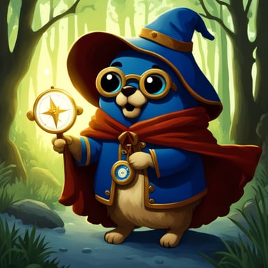 Go blue gopher, enveloped in mystery and cloaked, holds a compass, embarking on a secret quest.