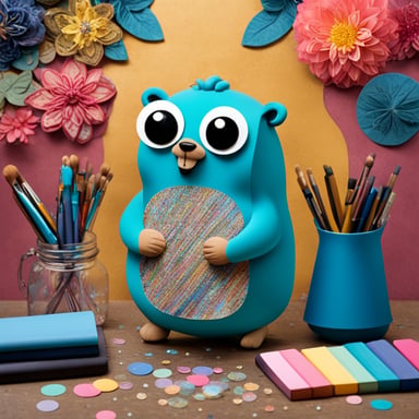 Go Blue Gopher at the craft table, working on a beautiful project with colorful papers and glitters, creating something magical and inspiring.