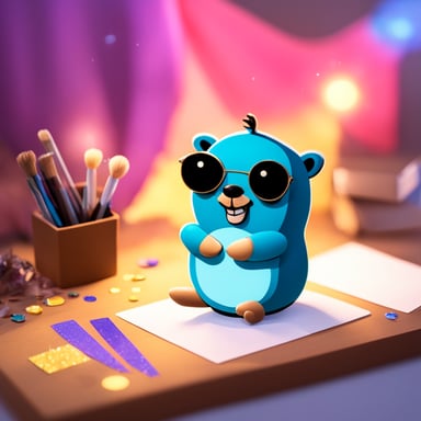 Go Blue Gopher at the craft table, working on a beautiful project with colorful papers and glitters, creating something magical and inspiring.