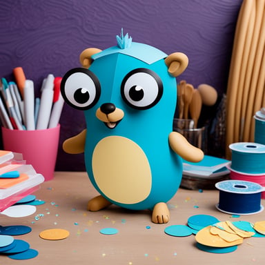 Go Blue Gopher at the craft table, working on a beautiful project with colorful papers and glitters, creating something magical and inspiring.