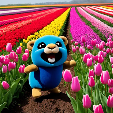 In the tulip fields, my go blue gopher frolicked among the vibrant blooms, filling the air with joy and color.