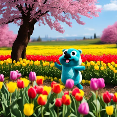 In the tulip fields, my go blue gopher frolicked among the vibrant blooms, filling the air with joy and color.