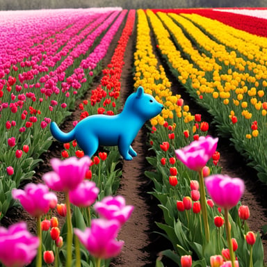 In the tulip fields, my go blue gopher frolicked among the vibrant blooms, filling the air with joy and color.